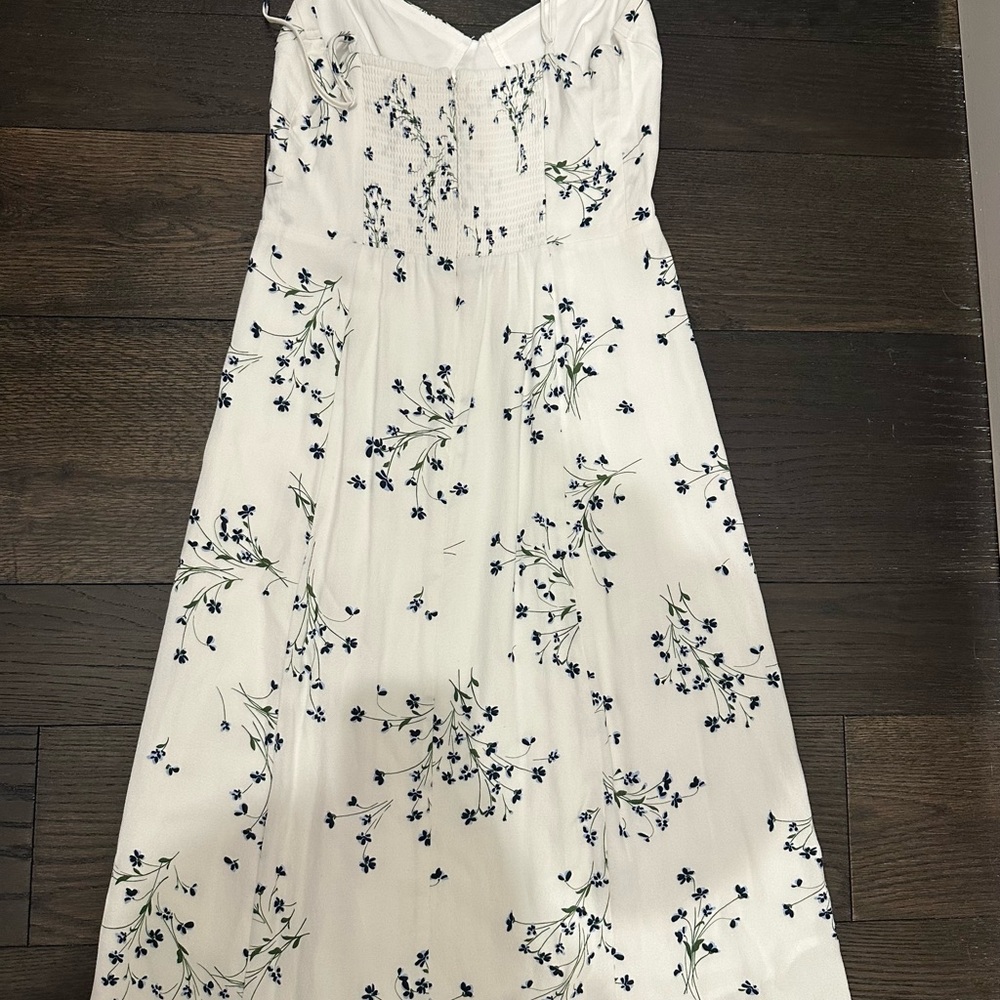 Aritzia Strapless White and Blue Floral Midi Dress